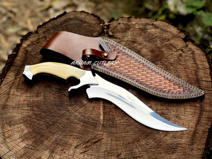 Handmade D2 Steel Hunting Knife with Camel Bone Handle & Leather Sheath