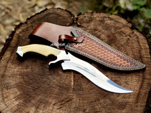 Cargar imagen en el visor de la galería, Handmade D2 Steel Hunting Knife with Camel Bone Handle &amp; Leather Sheath
