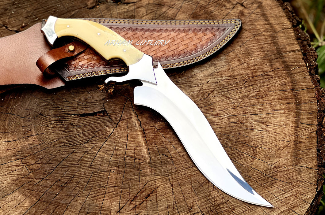 Handmade D2 Steel Hunting Knife with Camel Bone Handle & Leather Sheath