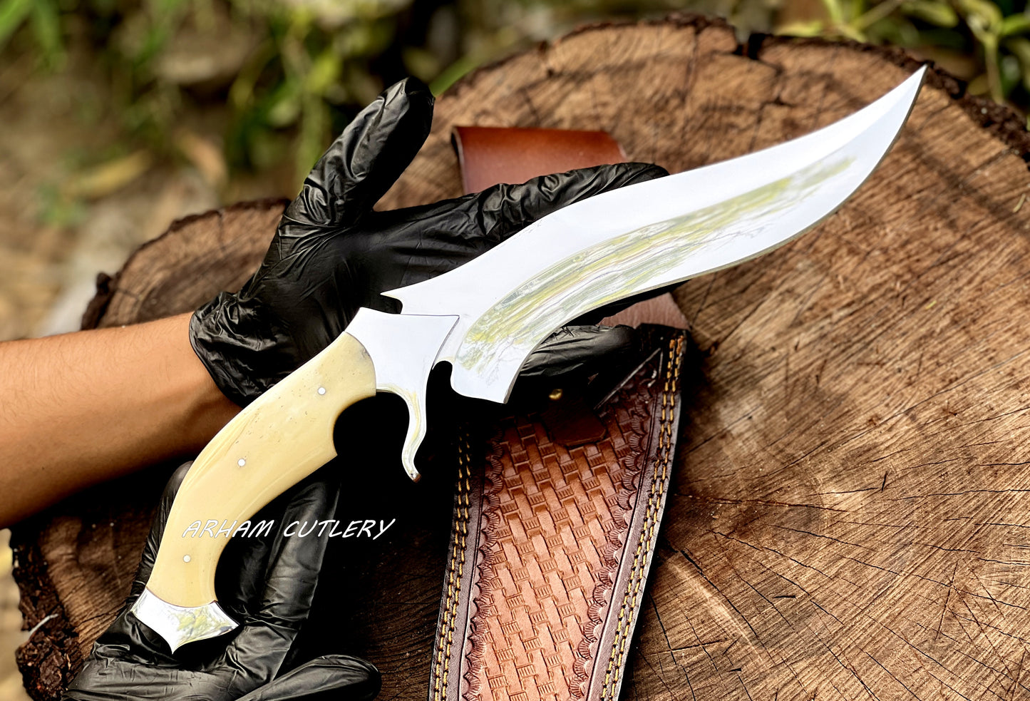 Handmade D2 Steel Hunting Knife with Camel Bone Handle & Leather Sheath