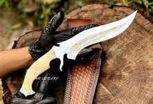 Cargar imagen en el visor de la galería, Handmade D2 Steel Hunting Knife with Camel Bone Handle &amp; Leather Sheath
