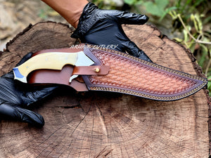 Handmade D2 Steel Hunting Knife with Camel Bone Handle & Leather Sheath