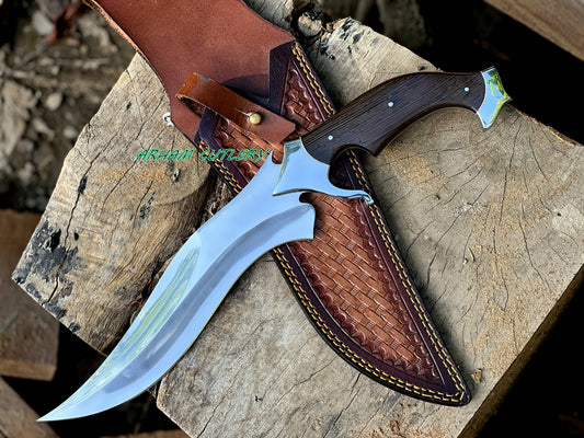 D2 Steel Hunting Knife | 15.5" Bowie Knife with Wenge Wood Handle & Leather Sheath