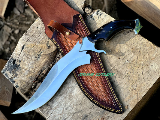 D2 Steel Hunting Knife | 15.5" Bowie Knife with Buffalo Horn  Handle & Leather Sheath