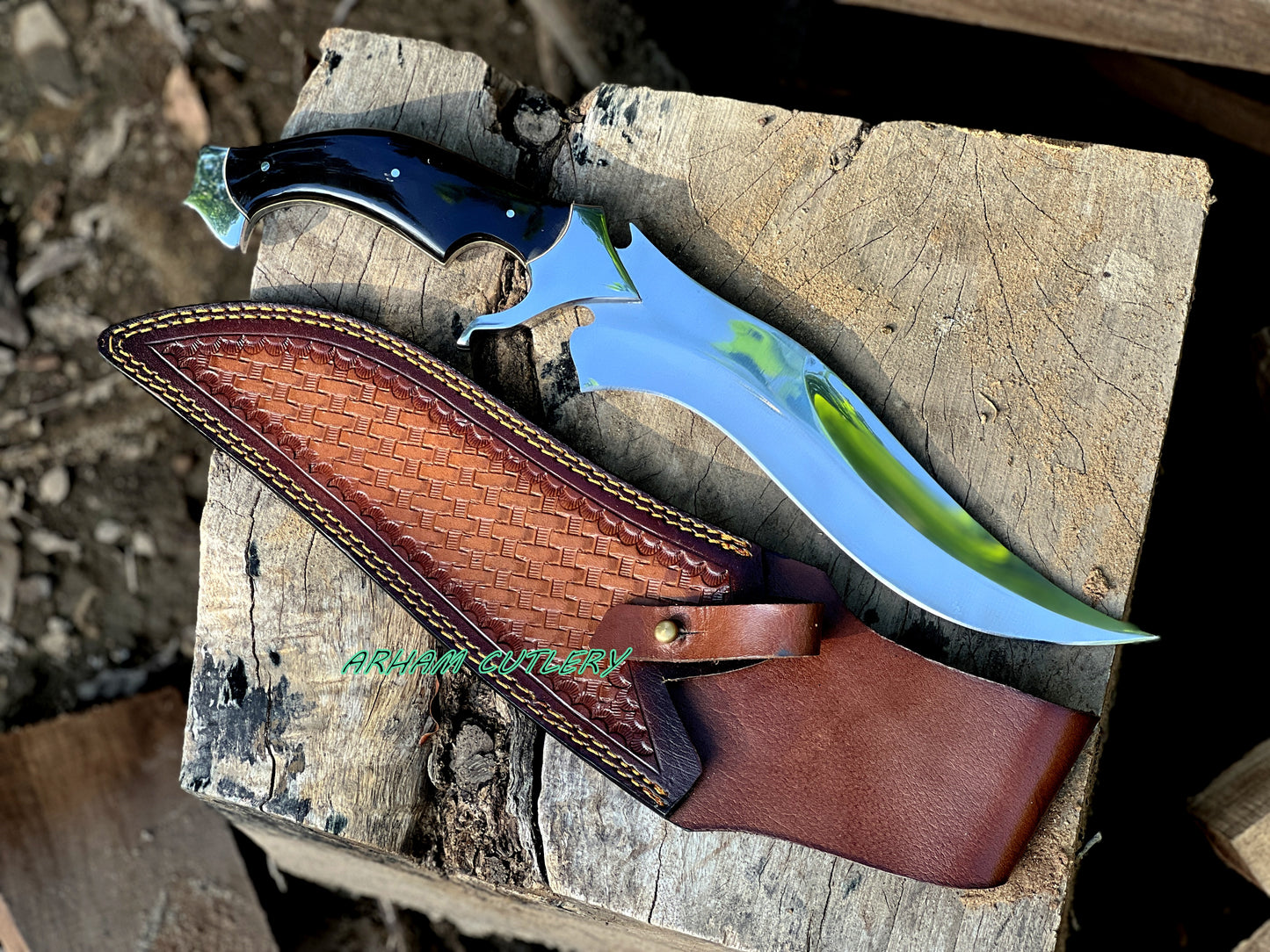 D2 Steel Hunting Knife | 15.5" Bowie Knife with Buffalo Horn  Handle & Leather Sheath