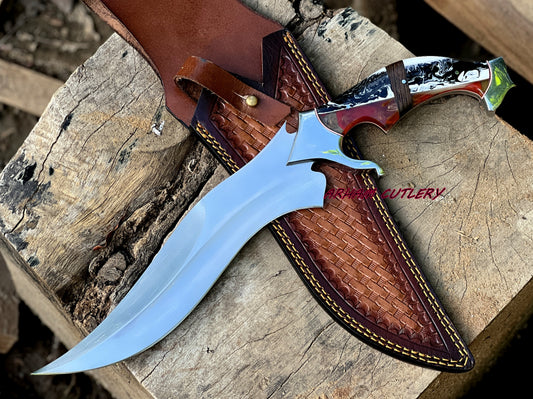 D2 Steel Hunting Knife | 15.5" Bowie Knife with Color Full Resin  Handle & Leather Sheath