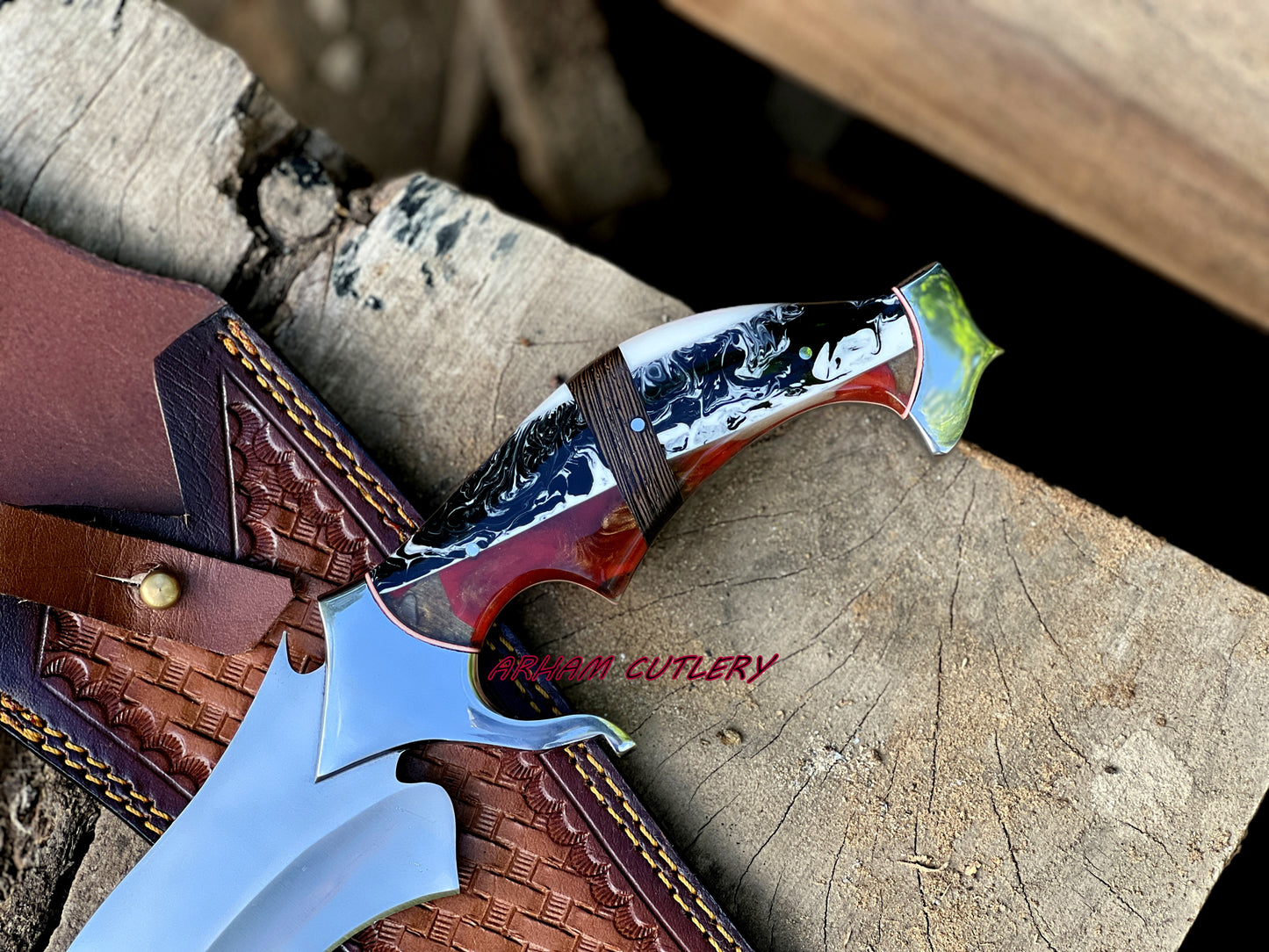 D2 Steel Hunting Knife | 15.5" Bowie Knife with Color Full Resin  Handle & Leather Sheath