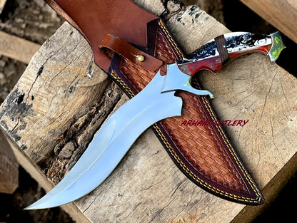 D2 Steel Hunting Knife | 15.5" Bowie Knife with Color Full Resin  Handle & Leather Sheath