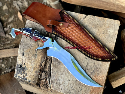 D2 Steel Hunting Knife | 15.5" Bowie Knife with Color Full Resin  Handle & Leather Sheath