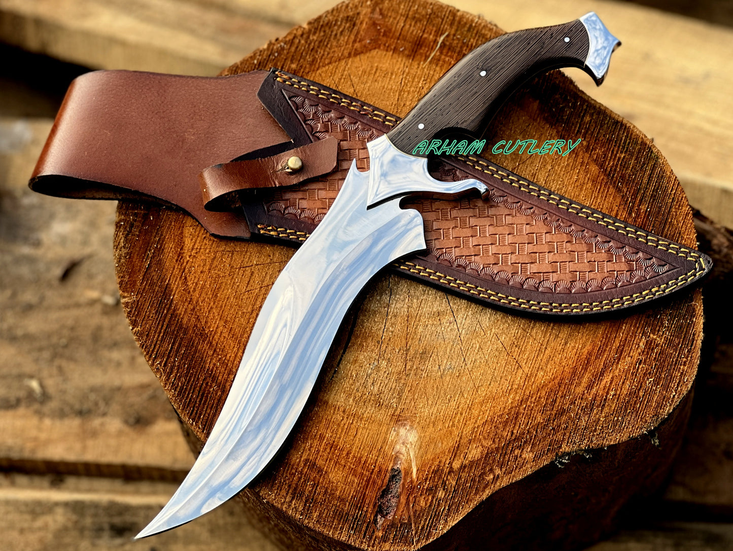 D2 Steel Hunting Knife | 15.5" Bowie Knife with Wenge Wood Handle & Leather Sheath