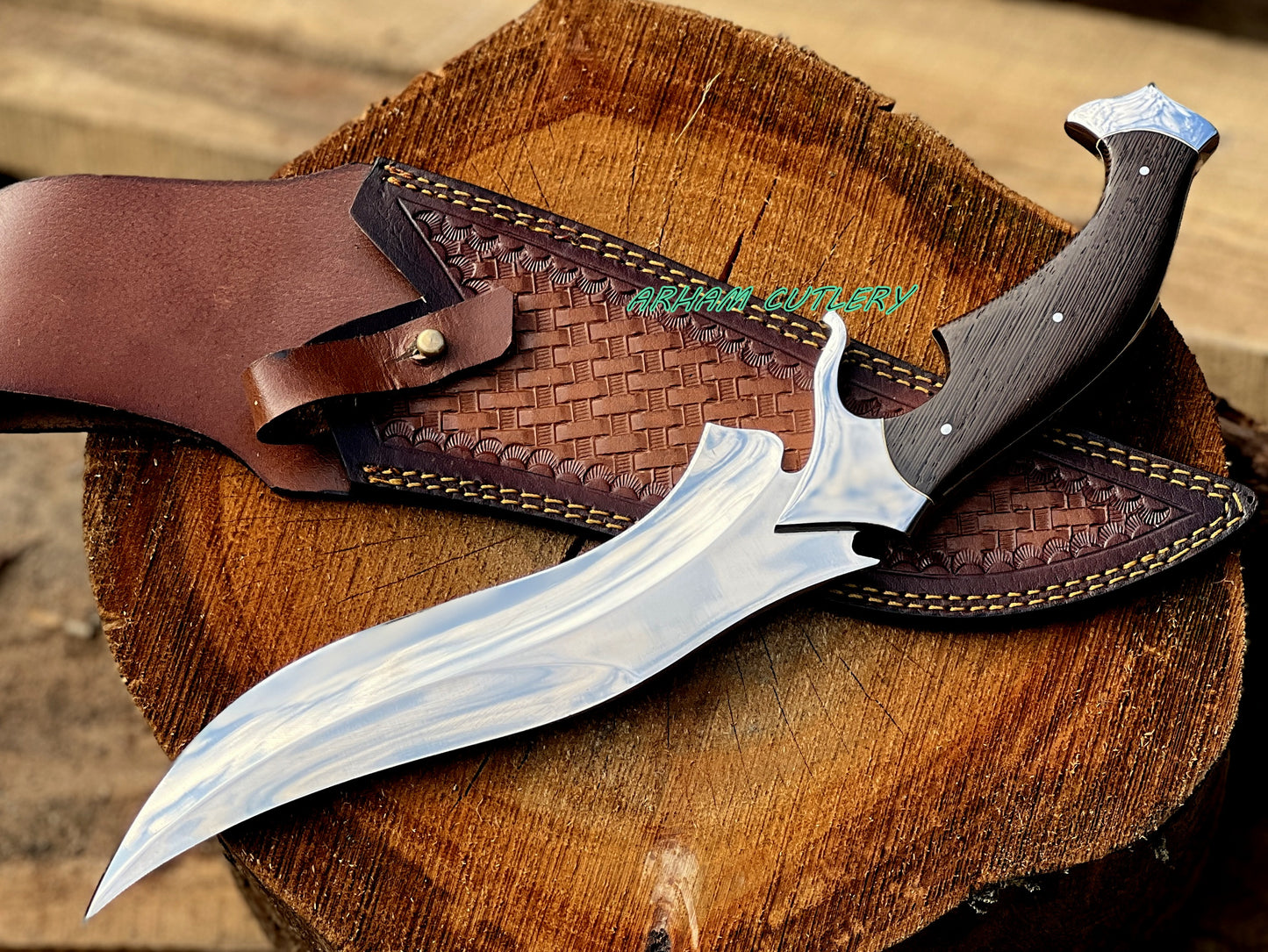 D2 Steel Hunting Knife | 15.5" Bowie Knife with Wenge Wood Handle & Leather Sheath