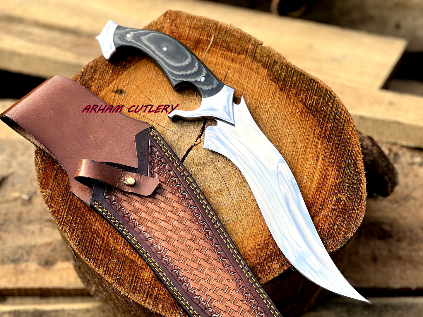 D2 Steel Hunting Knife | 15.5" Bowie Knife with Micarta Sheet Handle & Leather Sheath