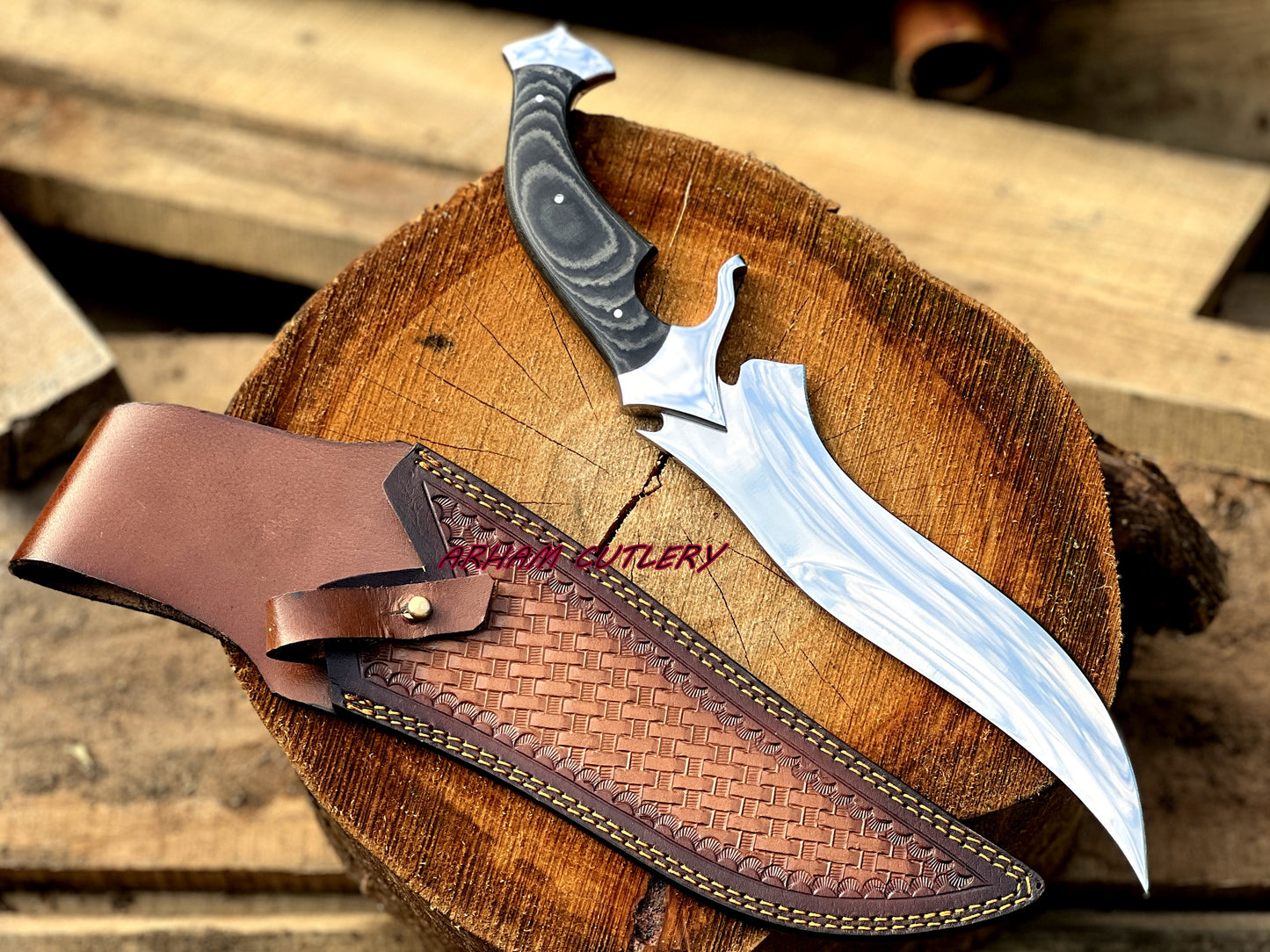 D2 Steel Hunting Knife | 15.5" Bowie Knife with Micarta Sheet Handle & Leather Sheath