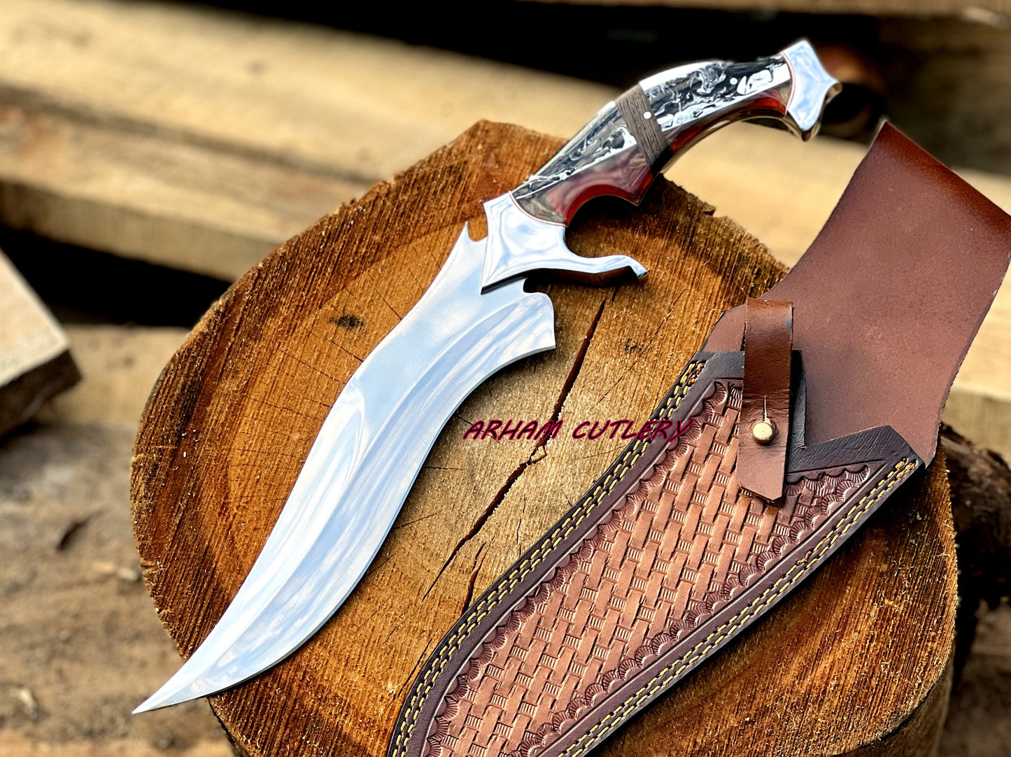 D2 Steel Hunting Knife | 15.5" Bowie Knife with Color Full Resin  Handle & Leather Sheath