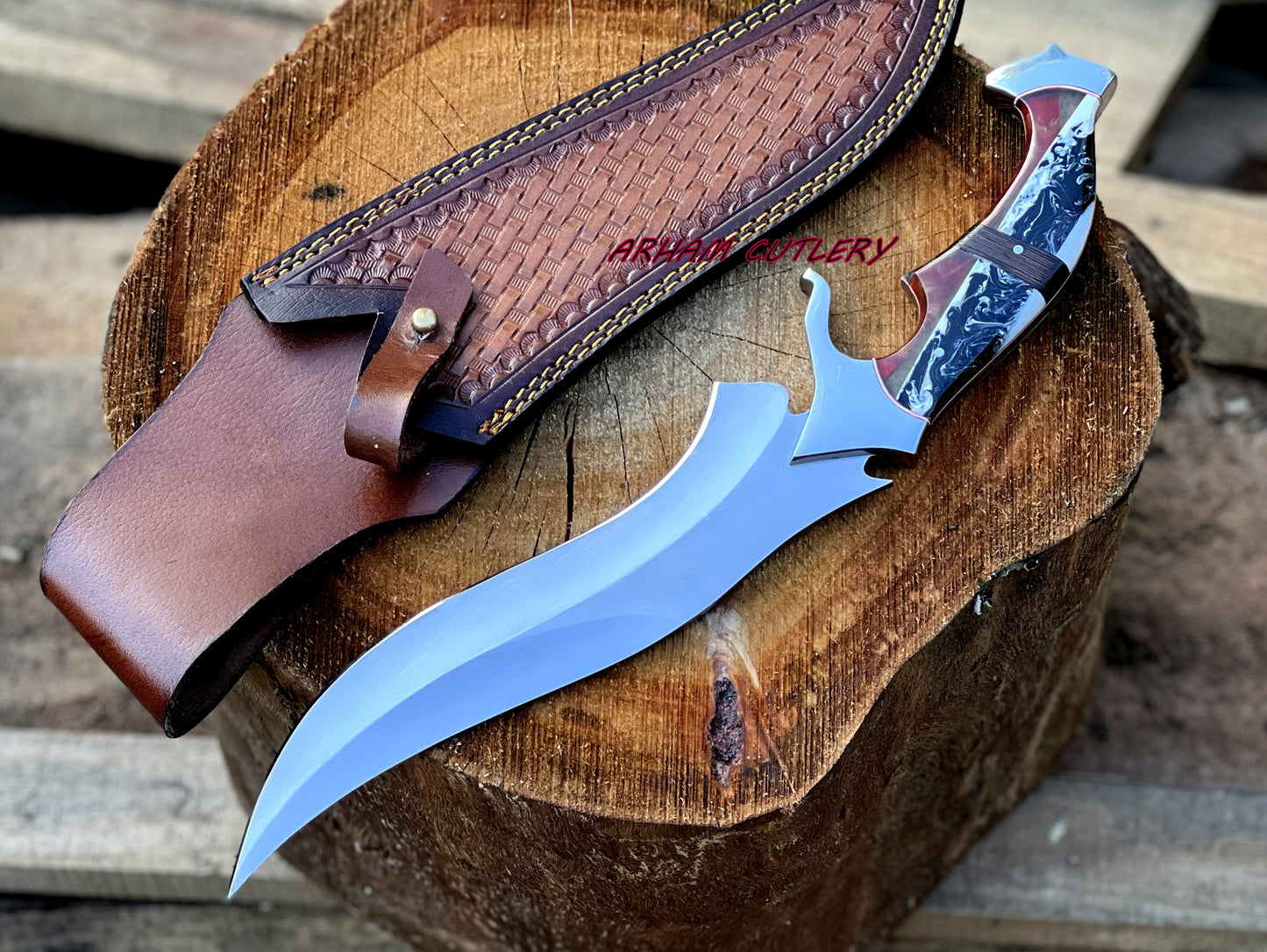 D2 Steel Hunting Knife | 15.5" Bowie Knife with Color Full Resin  Handle & Leather Sheath