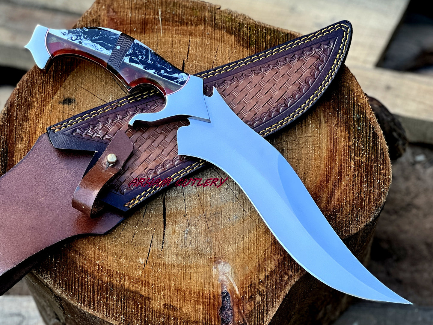 D2 Steel Hunting Knife | 15.5" Bowie Knife with Color Full Resin  Handle & Leather Sheath