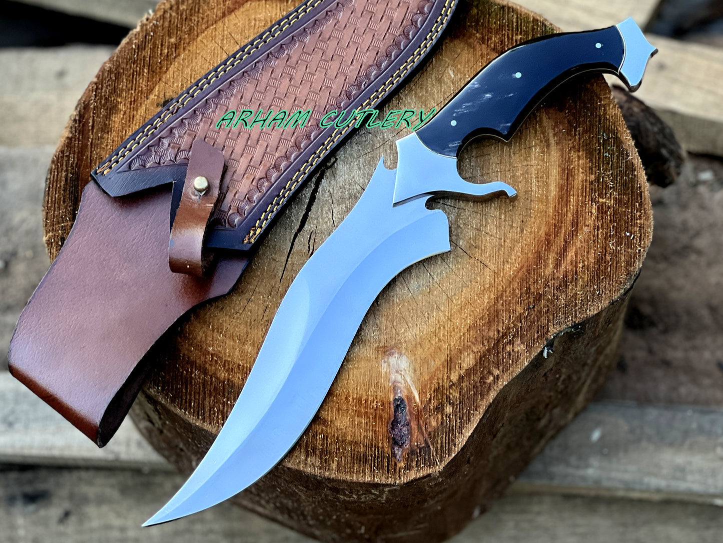 D2 Steel Hunting Knife | 15.5" Bowie Knife with Buffalo Horn  Handle & Leather Sheath