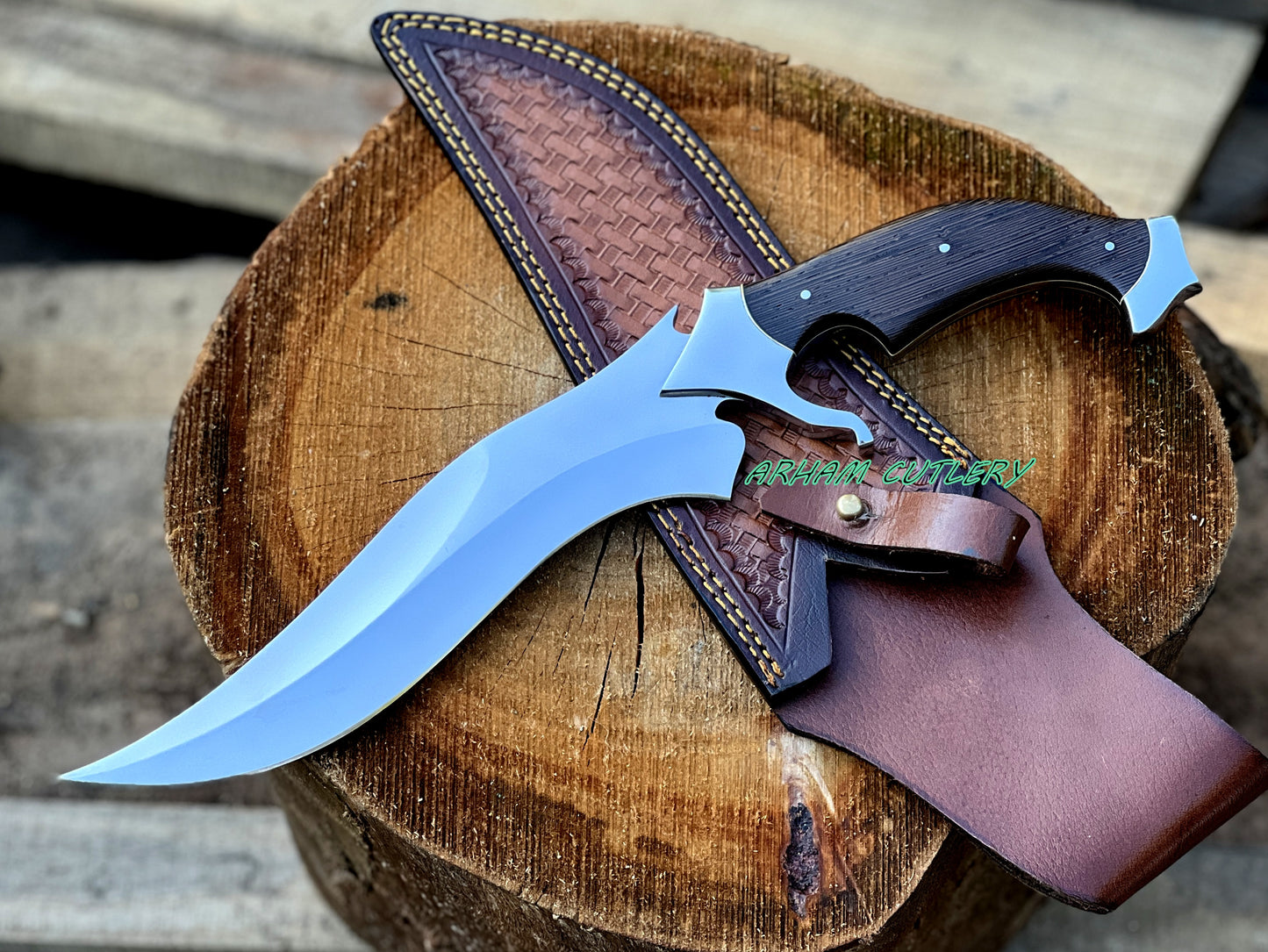 D2 Steel Hunting Knife | 15.5" Bowie Knife with Wenge Wood Handle & Leather Sheath