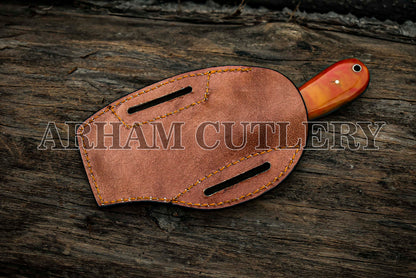 Praying Cowboy Bull Cutter EDC Knife With Cowhide Leather Sheath