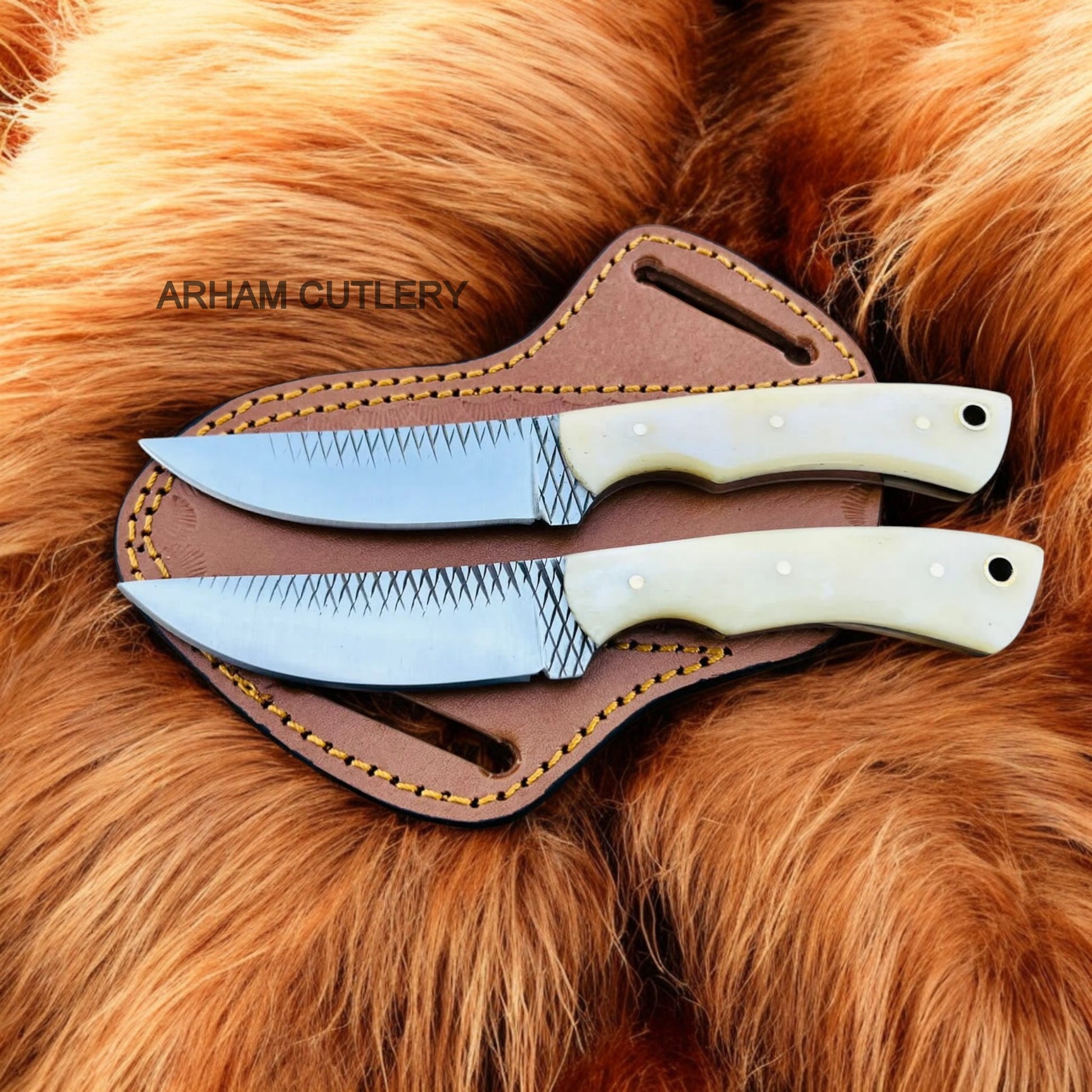 Pair Of Camel Bone Fixed Blade Skinning With Leather Sheath