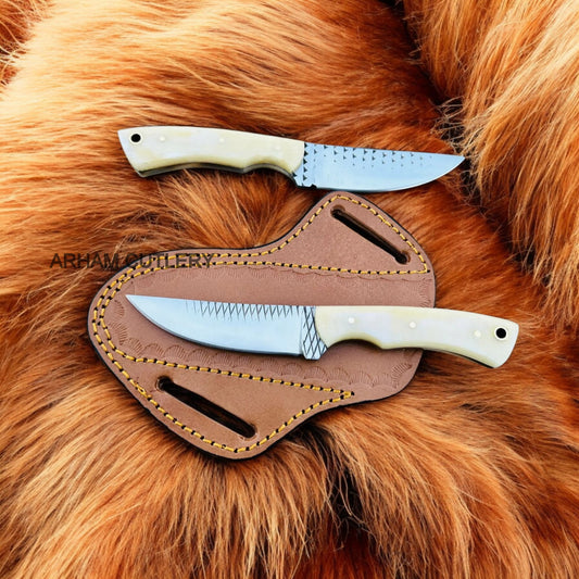 Pair Of Camel Bone Fixed Blade Skinning With Leather Sheath