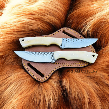 Pair Of Camel Bone Fixed Blade Skinning With Leather Sheath