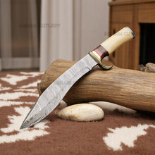 Cargar imagen en el visor de la galería, Handmade Damascus steel Bowie knife with bone and rosewood handle beside custom leather sheath – Arham Cutlery
