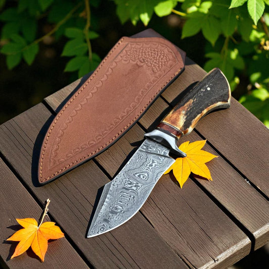 Premium Damascus Steel Hunting Knife with Stag Horn Handle & Leather Sheath