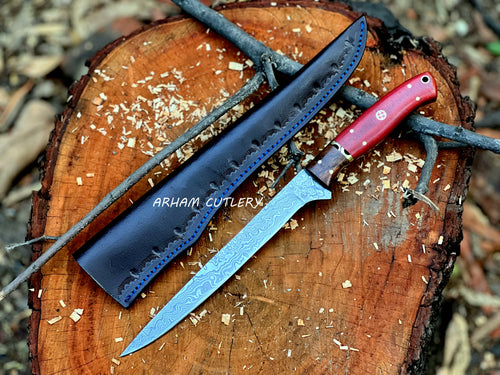 Redthorn Damascus Fillet Knife – Rosewood Handle & Leather Sheath | Arham Cutlery