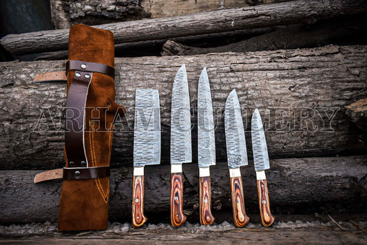 Hand Forged Damascus Steel Kitchen Knife Chef Set With Leather Roll Kit