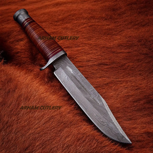 Stacked Leather Damascus Steel Hunting Bowie Knife 