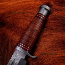 Load image into Gallery viewer, Stacked Leather Damascus Steel Hunting Bowie Knife 
