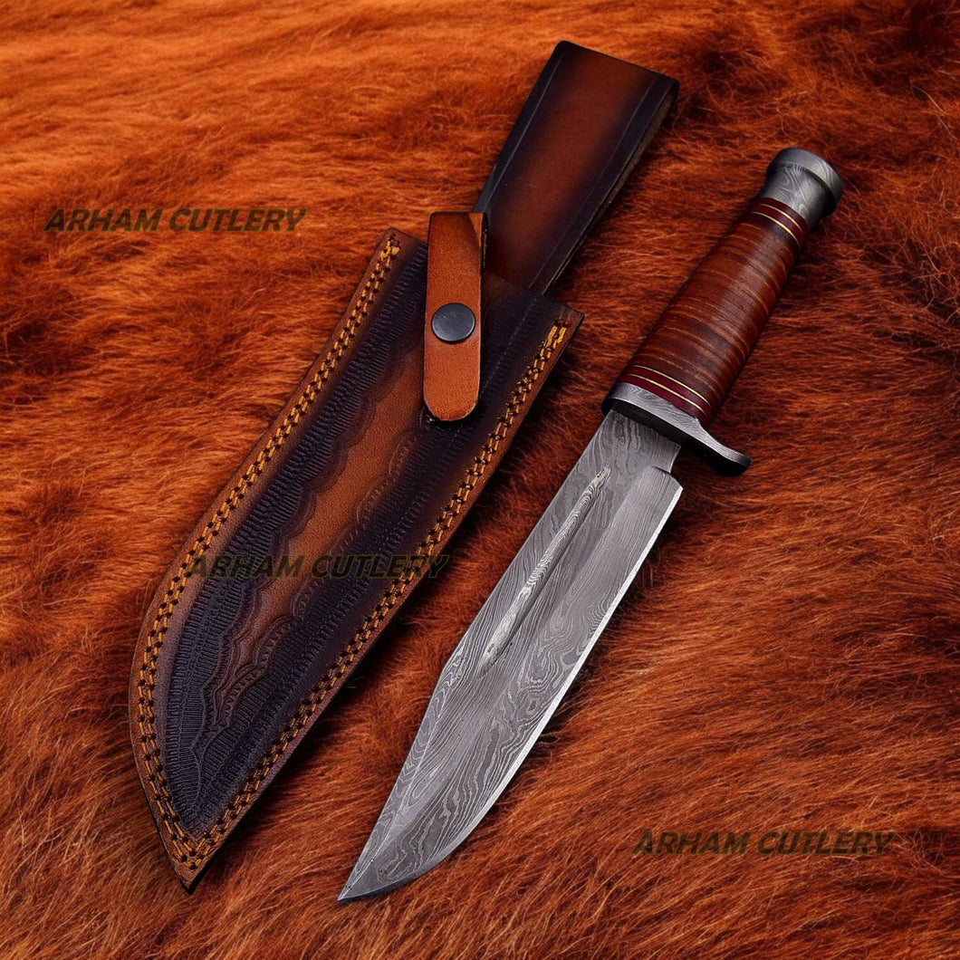 Stacked Leather Damascus Steel Hunting Bowie Knife 