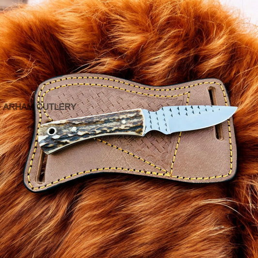 Stag Horn Handmade Rasp File Knife With Leather Sheath 