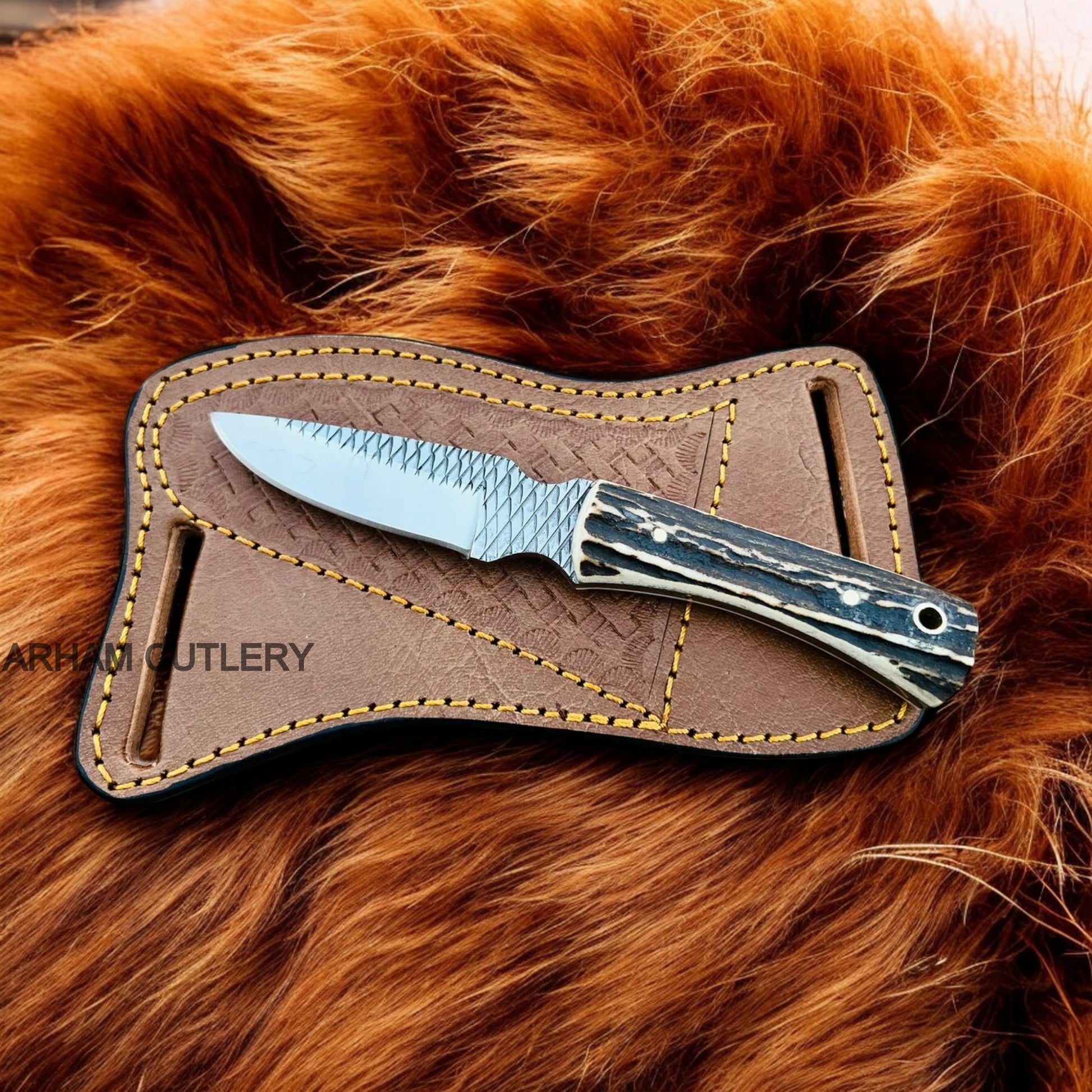 Stag Horn Handmade Rasp File Knife With Leather Sheath 