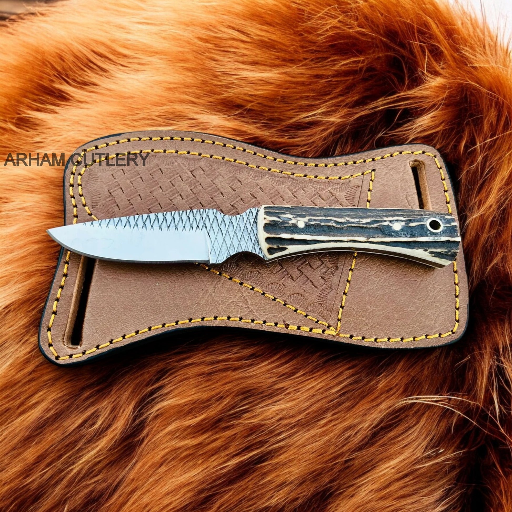 Stag Horn Handmade Rasp File Knife With Leather Sheath 
