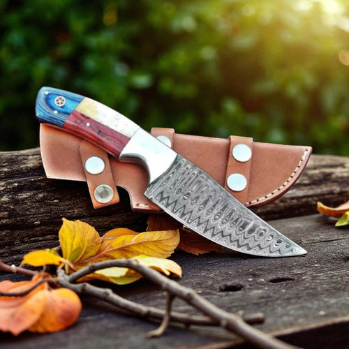 Custom Handmade Texas Flag Damascus Steel Hunting Knife with Exotic Wood & Bone Handle and Leather Sheath – Arham Cutlery