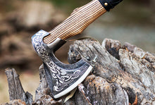 Lade das Bild in den Galerie-Viewer, Custom Handforged Carbon Steel Viking Axe Ash Wood Shaft With Leather Sheath , Arham Cutlery
