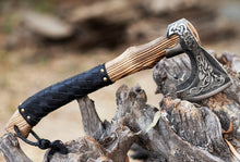 Cargar imagen en el visor de la galería, Custom Handforged Carbon Steel Viking Axe Ash Wood Shaft With Leather Sheath , Arham Cutlery
