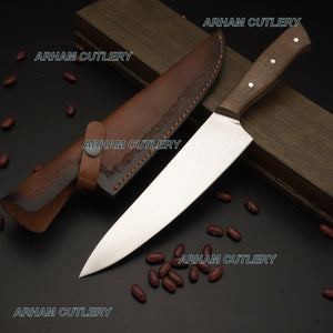 Custom Hand Made D2 Steel High Polish Kitchen Knife With Leather Sheath