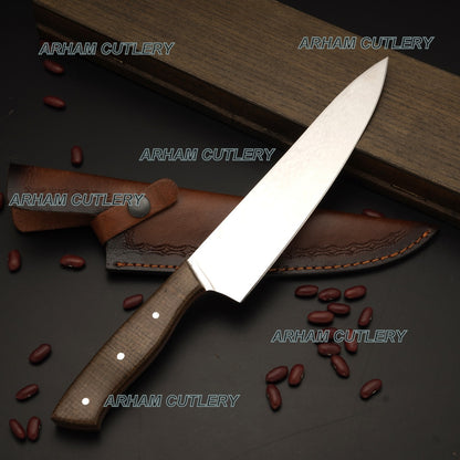 Custom Hand Made D2 Steel High Polish Kitchen Knife With Leather Sheath