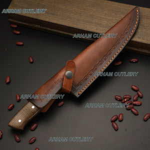 Custom Hand Made D2 Steel High Polish Kitchen Knife With Leather Sheath