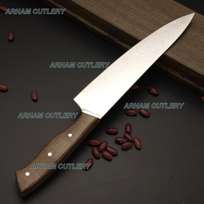 Custom Hand Made D2 Steel High Polish Kitchen Knife With Leather Sheath