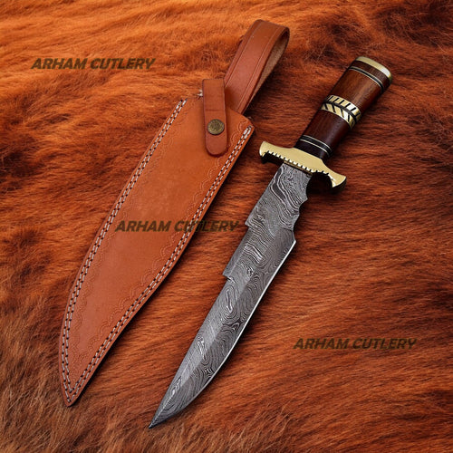 Zig Zag Handmade Damascus Steel Bowie Knife With Leather Sheath
