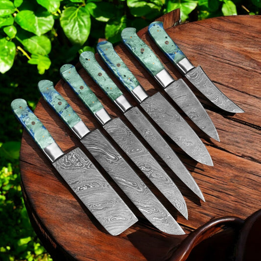CUSTOM HANDMADE DAMASCUS KITCHEN CHEF SET WITH LEATHER ROLL KIT