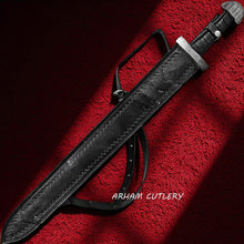 Cargar imagen en el visor de la galería, Firestorm Damascus Steel Medieval Sword with Leather Sheath – Arham Cutlery

