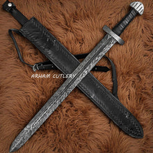 Cargar imagen en el visor de la galería, Firestorm Damascus Steel Medieval Sword with Leather Sheath – Arham Cutlery
