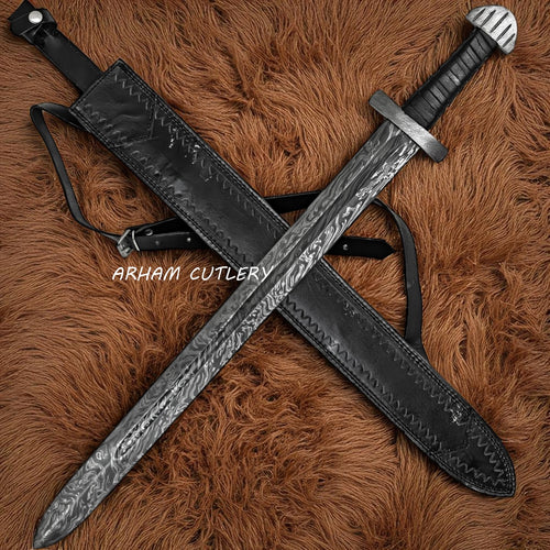 Firestorm Damascus Steel Medieval Sword with Leather Sheath – Arham Cutlery
