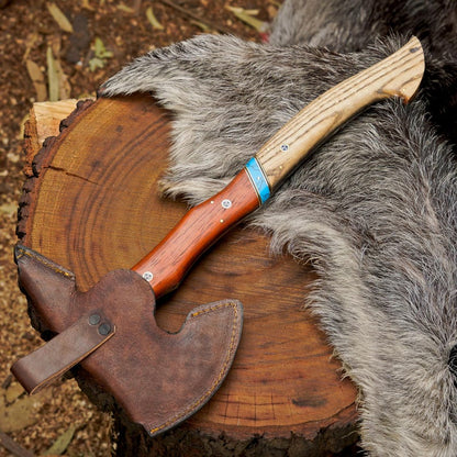 Custom Handmade Bushcraft Axe with Ash & Paddock Wood Handle | 1095 High Carbon Steel Outdoor Hatchet Arham Cutlery