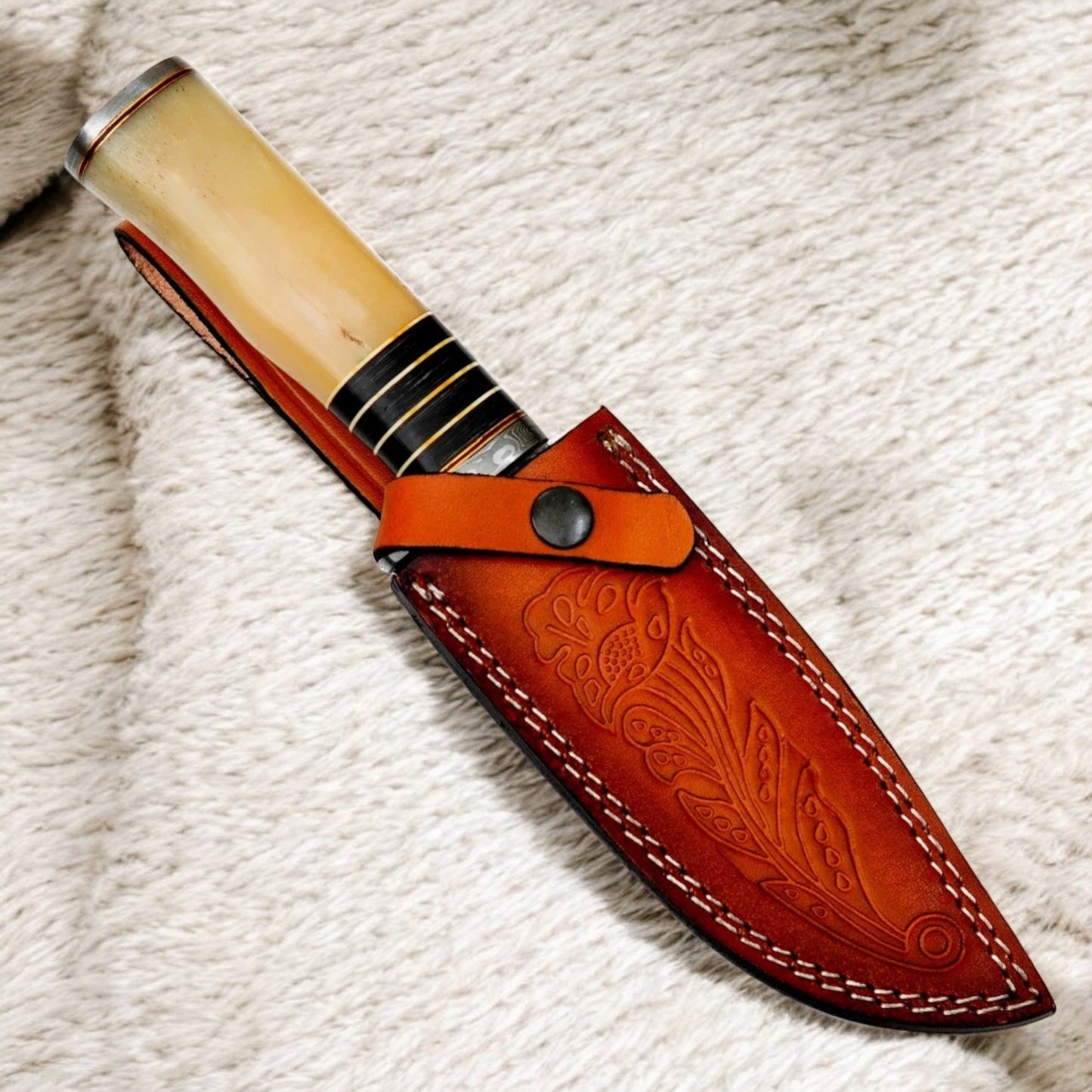 11″ Handmade Damascus Steel Knife – Bone Handle Fixed Blade with Brass Guard & Leather Sheath